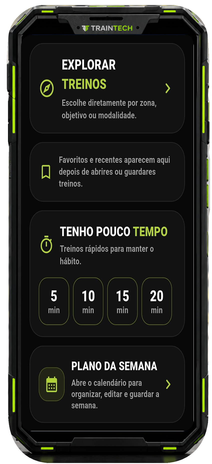 Ecrã Explorar Treinos do Athlete OS no telemóvel TrainTECH