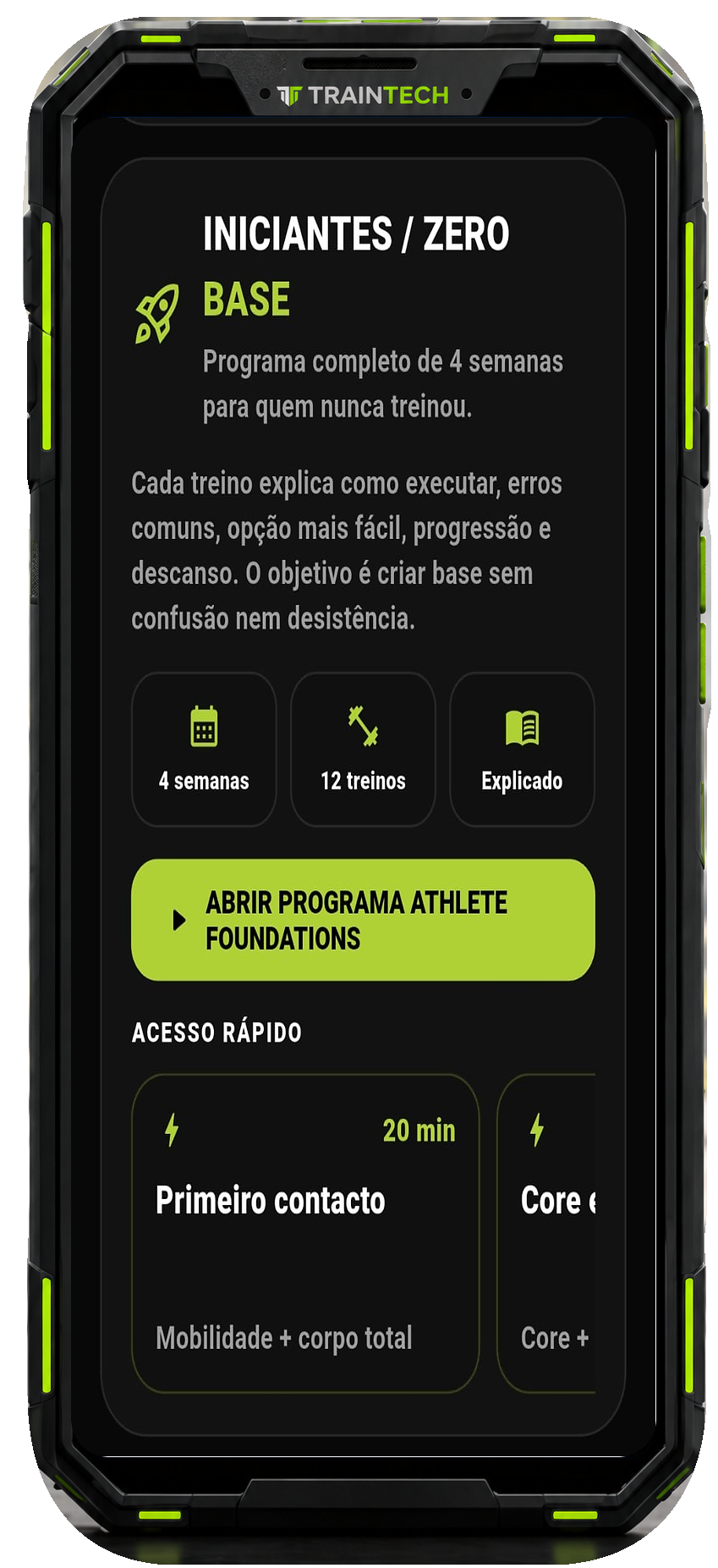 Programa Iniciantes Zero do Athlete OS no telemóvel TrainTECH